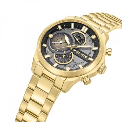 Relógio metálico dourado com mostrador cinza escuro e detalhes em dourado.