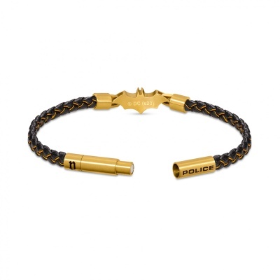 Pulseira Police com couro preto e detalhes dourados com fecho Batman