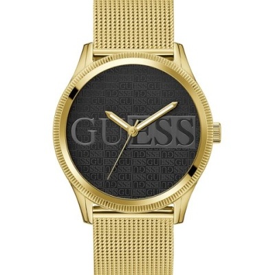 Relógio dourado com mostrador preto com padrão GUESS e bracelete de malha metálica.