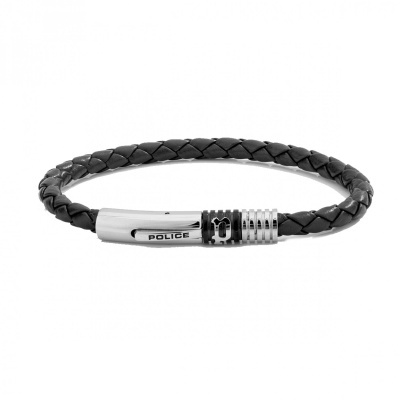 Pulseira masculina de couro preto trançado com fecho metálico prateado