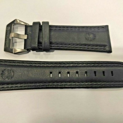 Correia de relógio em pele preta com fivela metálica prateada e gravura