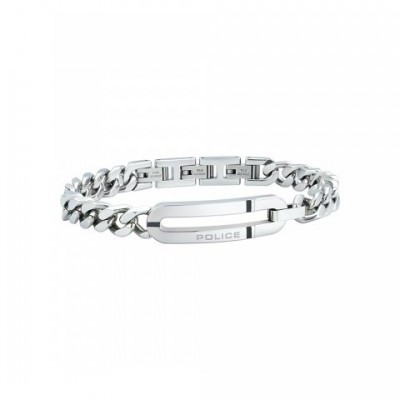 Pulseira de metal prateado com corrente grossa e fecho largo com gravação POLICE