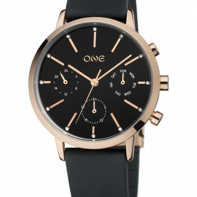 Relógio de pulso preto com caixa dourada e mostrador com submostradores e cristais