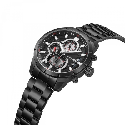 Relógio de pulso masculino preto com bracelete de aço e mostrador com múltiplos submostradores