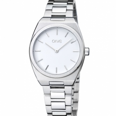 Relógio de pulso prateado com mostrador branco e bracelete metálica