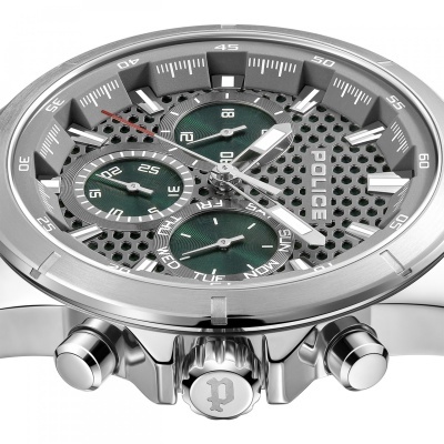 Relógio Police prateado com mostrador cinza e verde, detalhes em branco e textura de colmeia