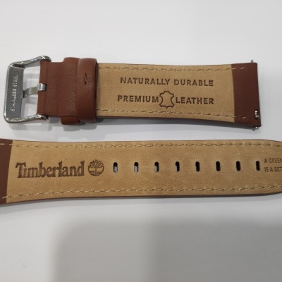 Correia de relógio de couro Timberland castanha e bege com texto gravado