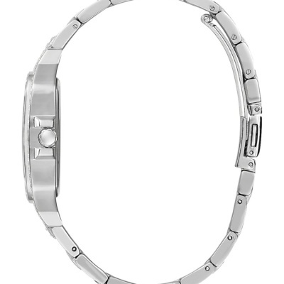 Relógio de pulso prateado com bracelete metálica vista lateral