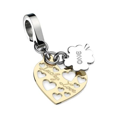 Pendente de coração dourado com recortes e trevo prateado com texto