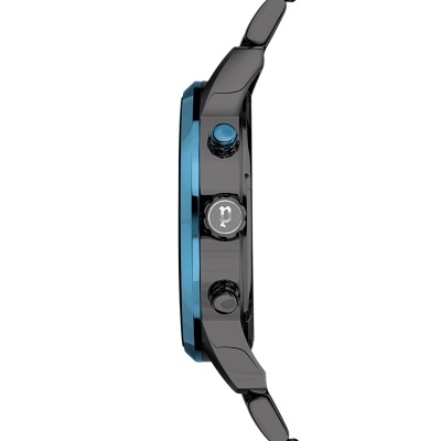 Relógio caixa metálica preto com aro azul e botões laterais