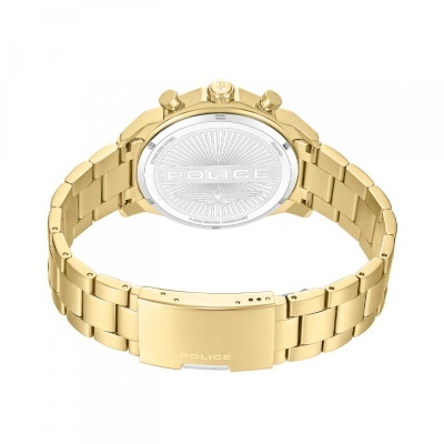 Relógio de pulso dourado da marca Police, vista traseira do relógio.