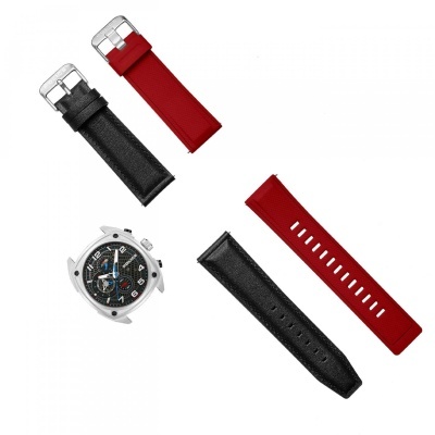 Relógio de pulso com braceletes em pele preta e silicone vermelho, mostrador preto com texto POLICE.