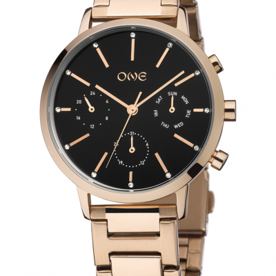 Relógio de pulso dourado com mostrador preto e três sub-mostradores