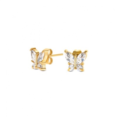 Brincos dourados em formato de borboleta com pedras translúcidas sobre fundo branco