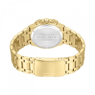 Relógio dourado com bracelete de aço inoxidável e fundo prateado com logo POLICE