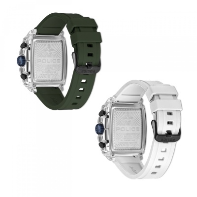 Relógios POLICE AQUARUS com caixa quadrada em fibra de nylon e braceletes de silicone verde escuro e branco.