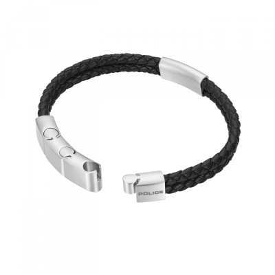 Pulseira de couro trançado preto com fecho de metal escovado prata da marca POLICE