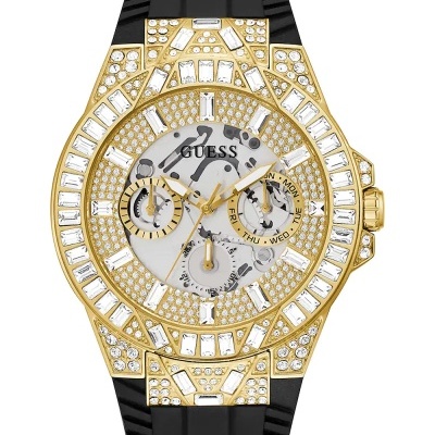 Relógio Guess dourado com cristais e bracelete preta