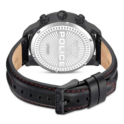 Relógio Police com bracelete em pele preta e costura vermelha, visto pela parte de trás.