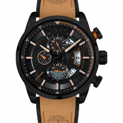 Relógio Timberland com pulseira de couro castanha e mostrador preto com detalhes bronze