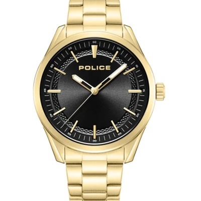Relógio POLICE dourado com mostrador preto e bracelete metálica