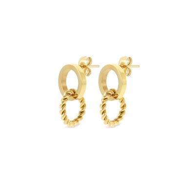 Brincos dourados com dois anéis circulares, um liso e outro retorcido