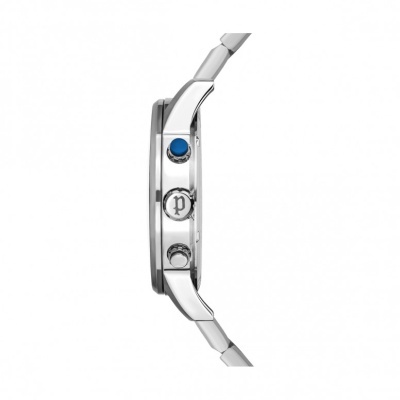 Relógio de pulso prateado visto de lado com botões na lateral