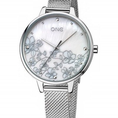 Relógio feminino com bracelete metálica prateada e mostrador floral branco