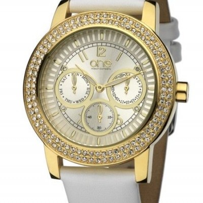 Relógio dourado com pedras e pulseira branca