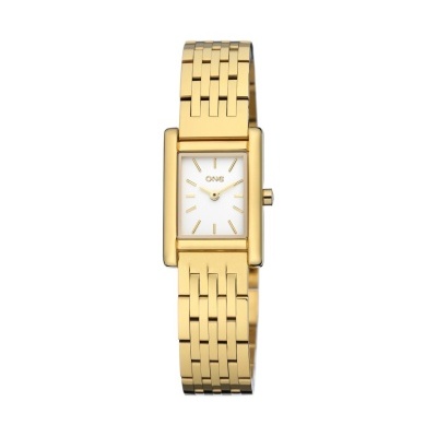 Relógio de pulso dourado com mostrador retangular branco