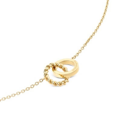 Colar dourado com argolas entrelaçadas em fundo branco