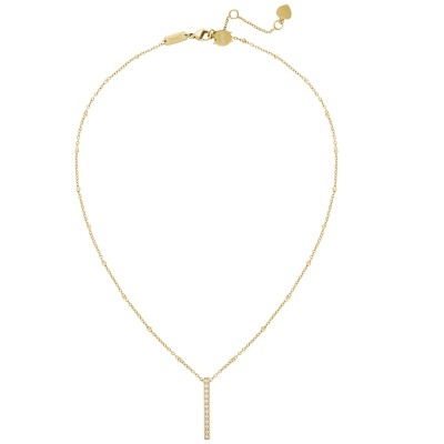 Colar dourado fino com pendente vertical e pedras brilhantes