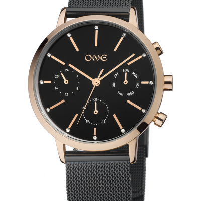 Relógio de pulso preto e dourado rose com bracelete de malha metálica preta