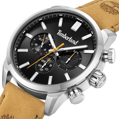 Relógio de pulso Timberland com mostrador preto e correia em couro castanho