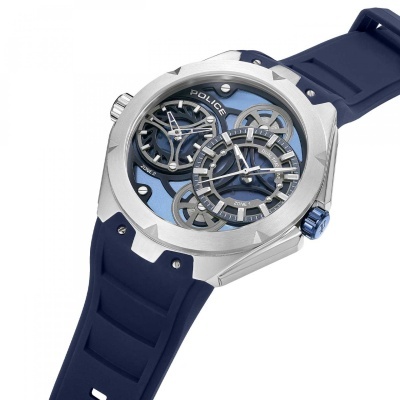 Relógio Police azul com caixa metálica prateada e mostrador multifunções