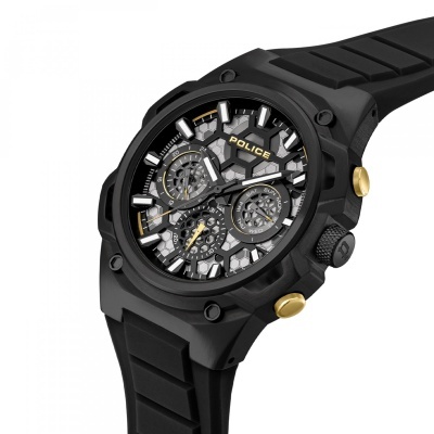 Relógio de pulso POLICE preto com mostrador hexagonal cinzento e detalhes dourados.