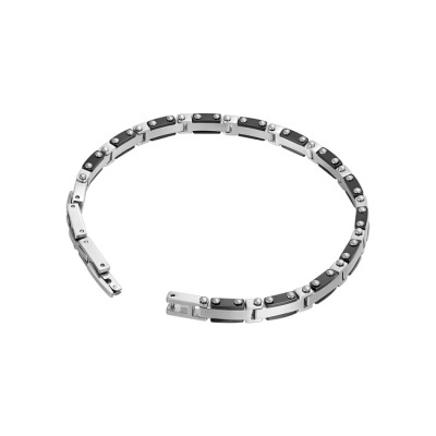 Pulseira masculina em metal prateado com detalhes pretos e rebites
