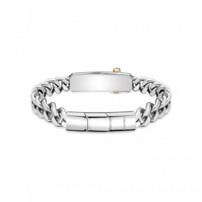 Pulseira prateada com corrente de elos grossos e fecho retangular com gravação POLICE