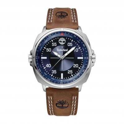 Relógio masculino com bracelete castanha em pele e mostrador azul
