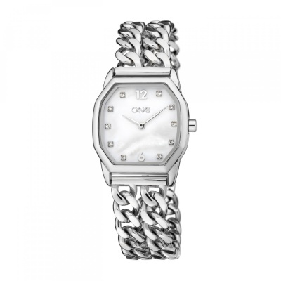 Relógio feminino prata com mostrador branco e bracelete de elos largos