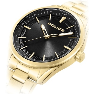 Relógio de pulso dourado com mostrador preto e marca Police