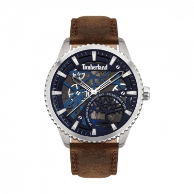 Relógio Timberland com caixa em aço prateado, mostrador azul escuro e pulseira castanha em couro