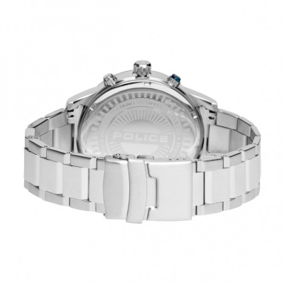Relógio Police de pulso com bracelete metálica prateada visto de trás
