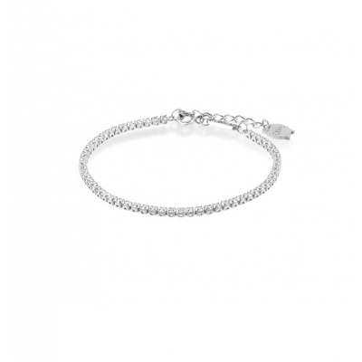 Pulseira prateada fina com corrente ajustável sobre fundo branco