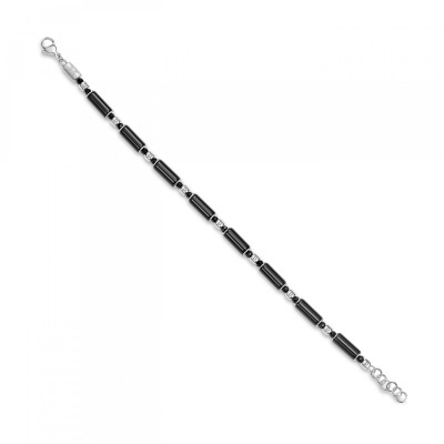 Pulseira de contas pretas e metálicas com fecho prateado