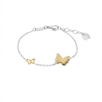 Pulseira metálica prateada e dourada com borboletas e fecho de lagosta