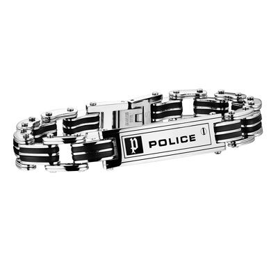 Pulseira metálica e preta com placa POLICE