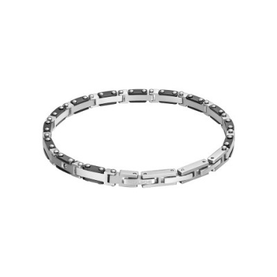 Pulseira em metal prateado com detalhes pretos e rebites prateados