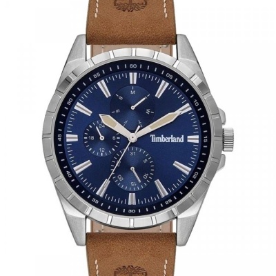 Relógio de pulso Timberland com bracelete de couro castanho e mostrador azul