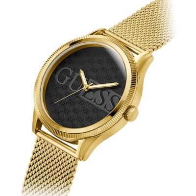 Relógio de pulso dourado Guess com mostrador preto e bracelete em metal malha